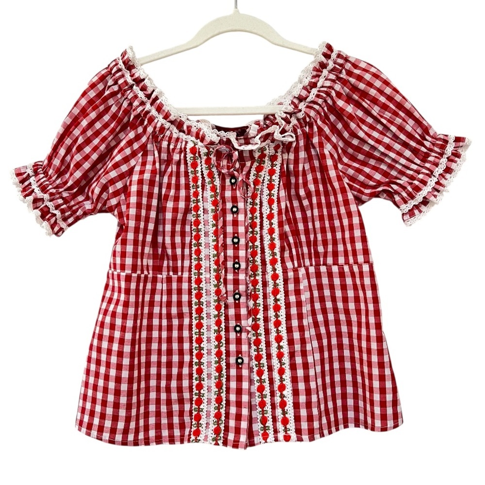Fuchs Red and White Gingham Crochet Trim Lace-Up Back Off Shoulder Peasant Top - Picture 12 of 12